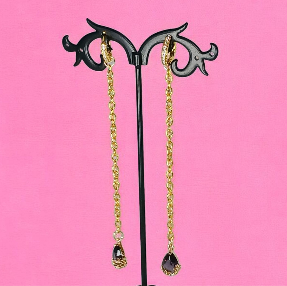 Gold over Silver Huggies Linear Dangle Drop Purple Tear Drop Charms Mod 1960s